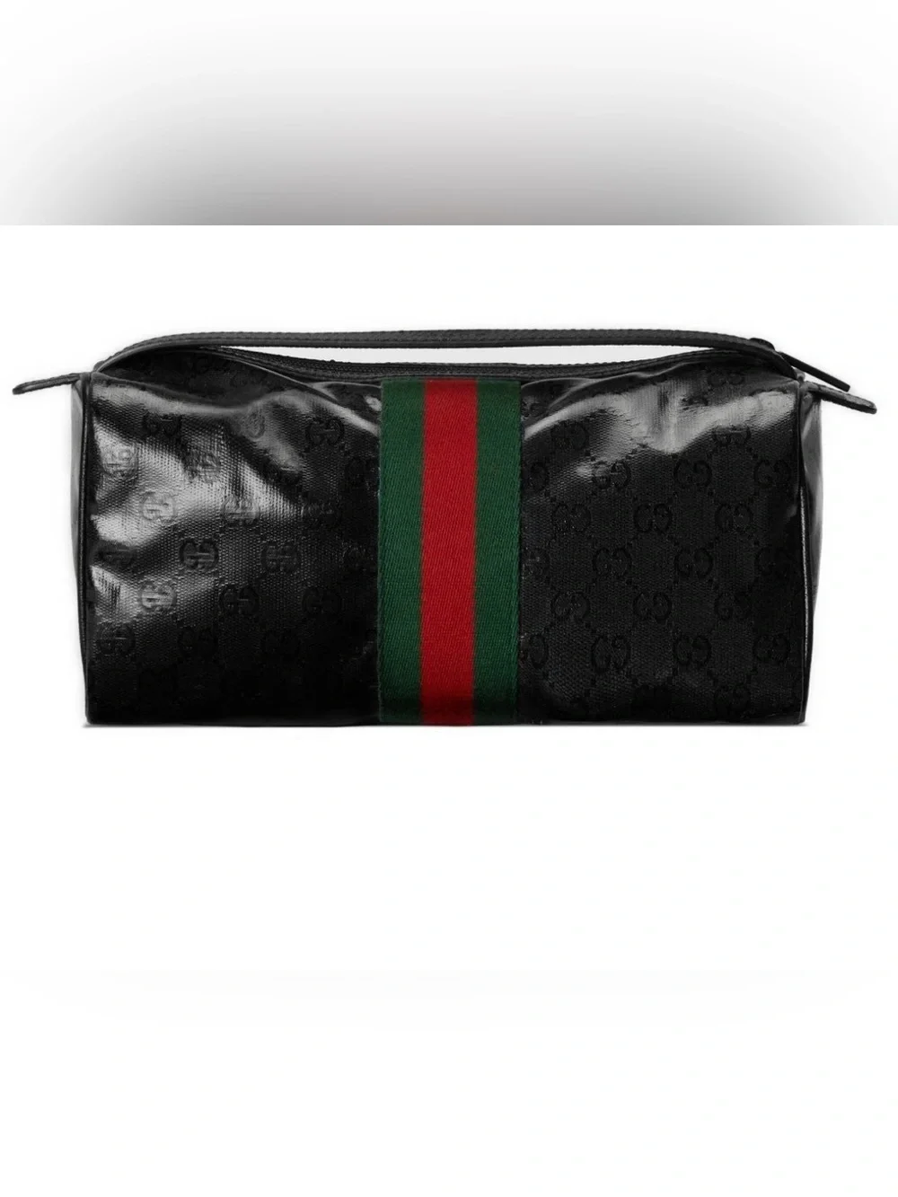 NEW GUCCI BLACK GG CRYSTAL CANVAS LEATHER WEB LOGO TOILETRY CASE HAND BAG UNISEX